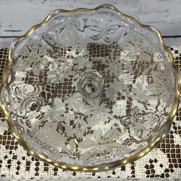Glass Etched Pedestal Compote Dish Gold Trim - Picture 3 of 7